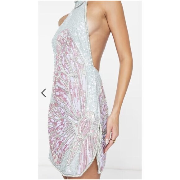 ASOS DESIGN Halter Mini Dress With Embellished Butterfly Artwork in Blue US 6 - Picture 11 of 11